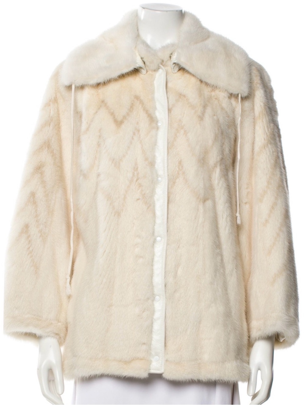 Luxury Ivory White Genuine Mink Fur Jacket – Removable Collar – Leather Trim wit